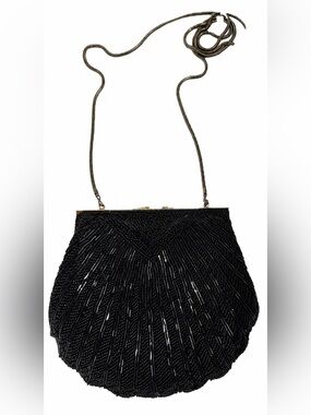 Cadaz Elegant Black Beaded Evening Bag with Chain Strap